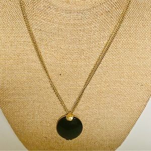 Vintage Monet Gold Tone Necklace, Double Chain, 18”, Black Glass Pend, 1.75” L
